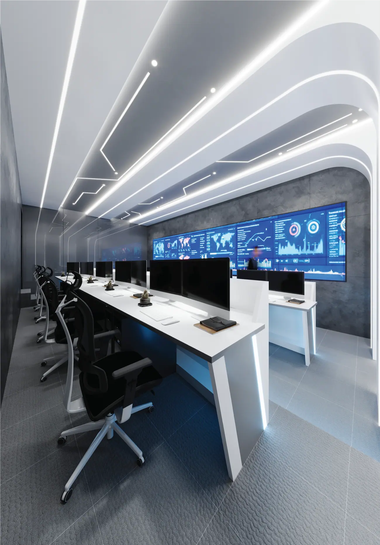 Emircom network operations centre with curved light ceiling and white operator desks, designed and built by AGC