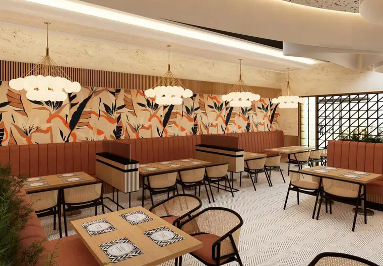 Notebook Restaurant dining room with botanical feature wall, banquettes and rattan seating, designed and built by AGC